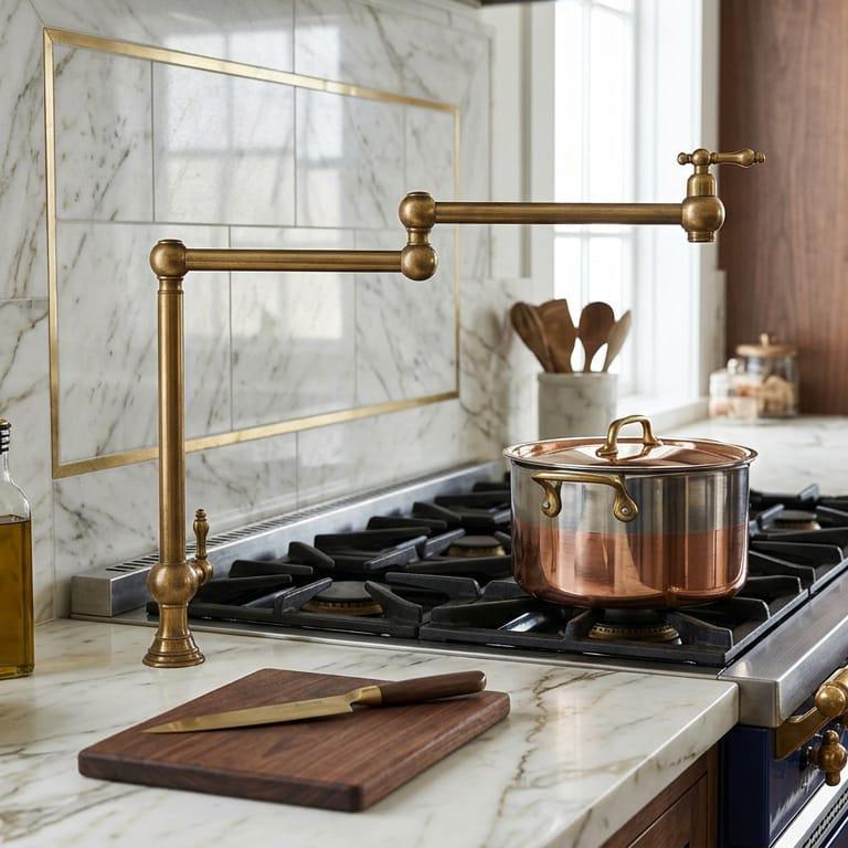 Unlacquered Brass Pot Filler Faucet, Folding Kitchen Tap – installed view