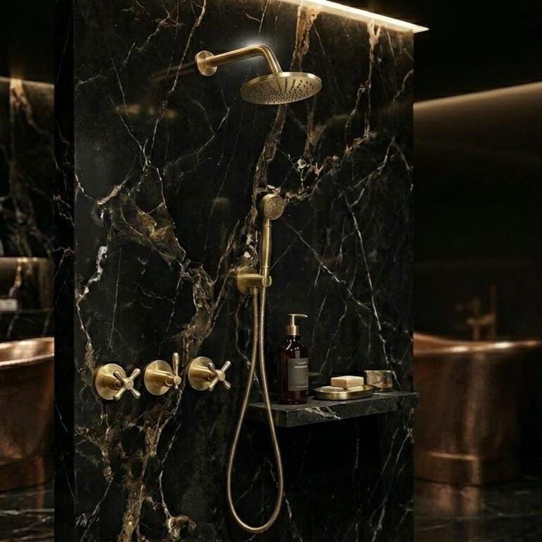 Unlacquered Brass Angle Rainfall Shower System with Handheld Sprayer – installed view
