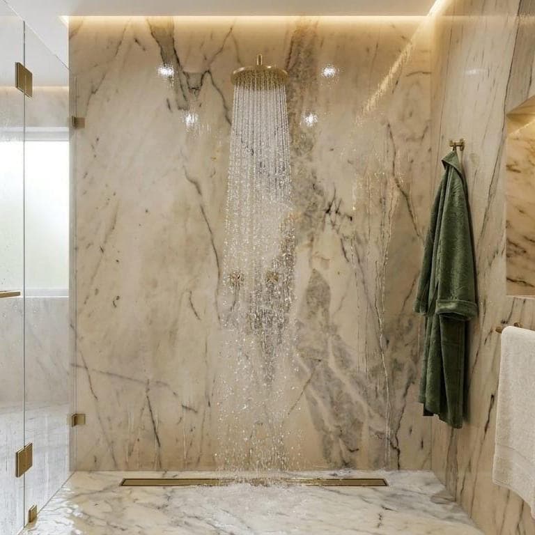 Unlacquered Brass Rainfall Shower Set – close-up of the finish