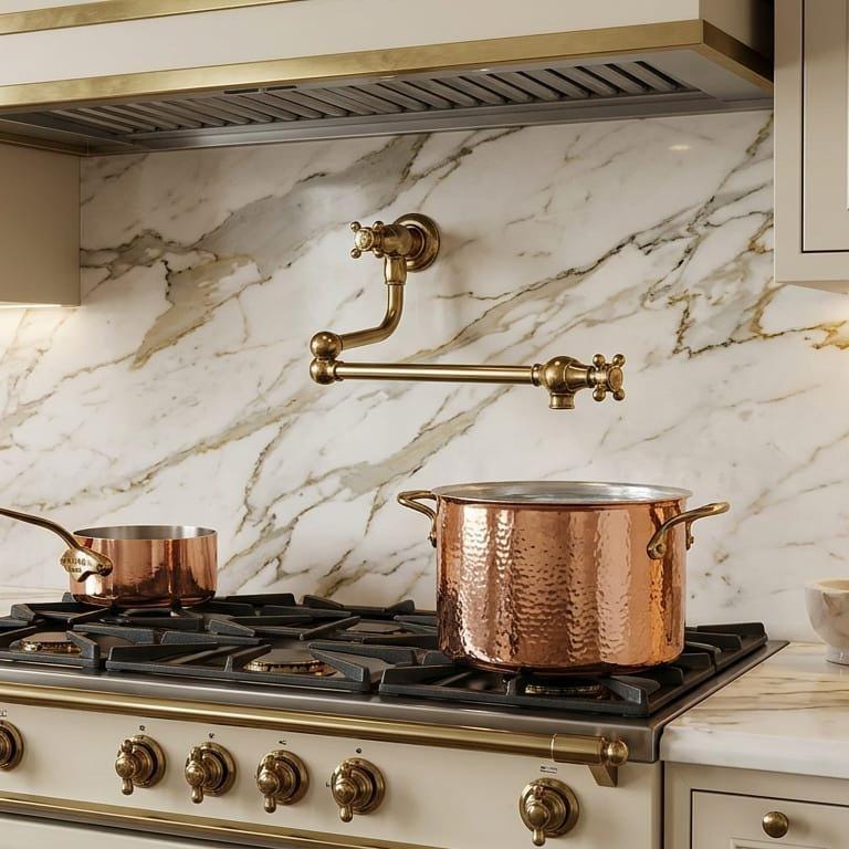 Unlacquered Brass Pot Filler Faucet, Wall Mount Folding Kitchen Tap – installed view