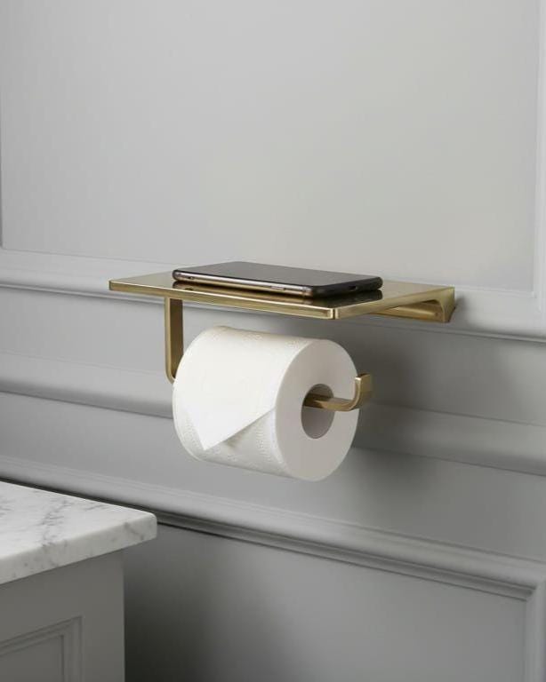 Solid Brass Toilet Paper Holder with Shelf – installed view