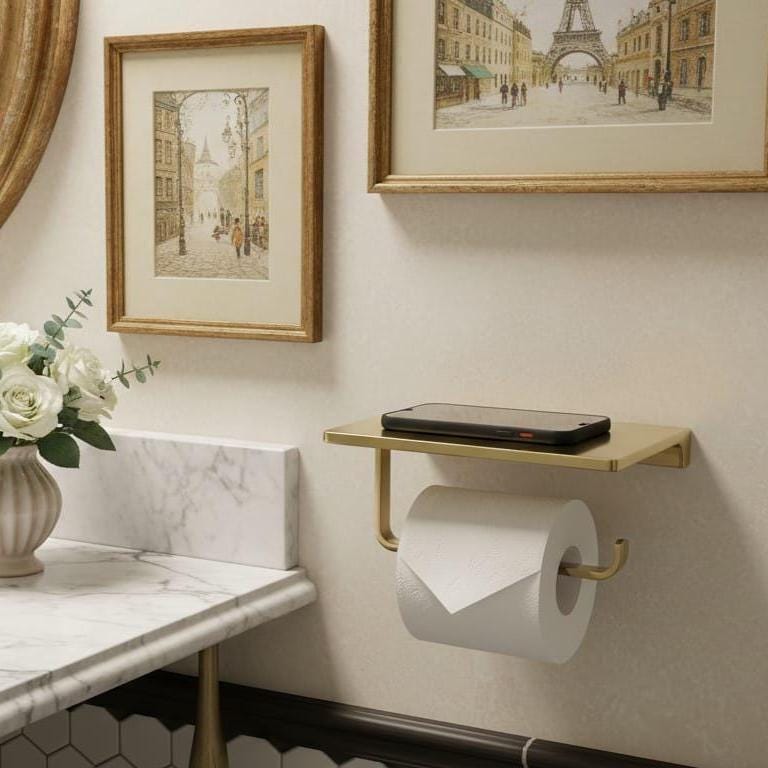 Solid Brass Toilet Paper Holder with Shelf – close-up of the finish