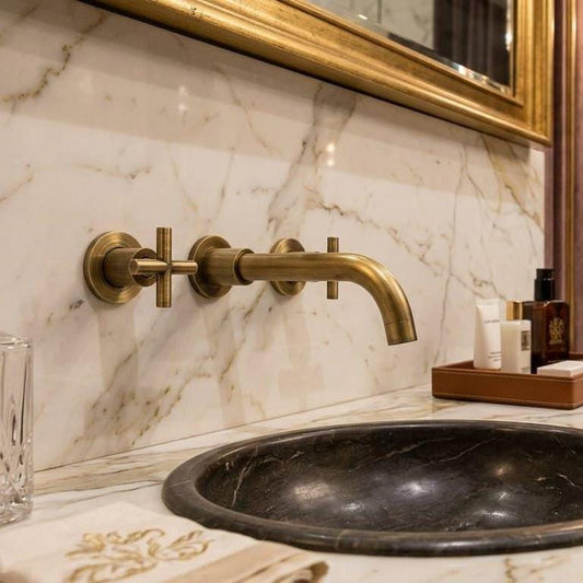 Wall Mount Brass Bathroom Faucet, Unlacquered 3 Hole Faucet