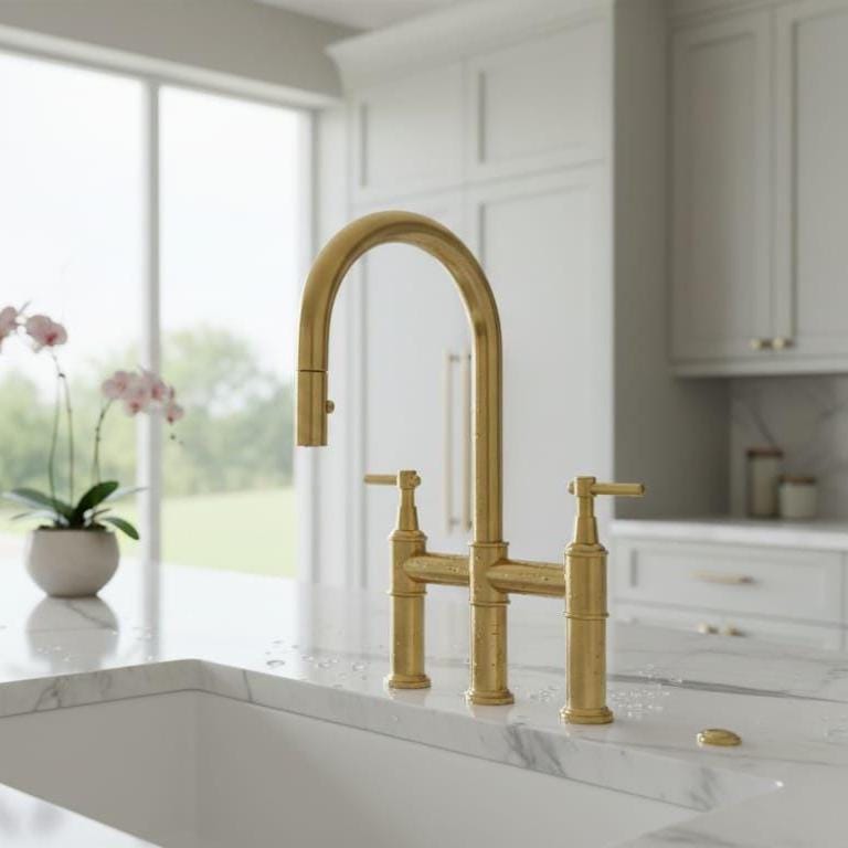 Solid Brass Kitchen Faucet, Modern Curved Sink Fixture – alternate angle
