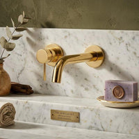 Brushed Brass Wall Mount Faucet, Modern Gold Minimalist Basin Tap, Solid Vanity Fixture