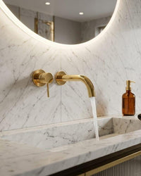 Brushed Brass Wall Mount Faucet, Modern Gold Minimalist Basin Tap, Solid Vanity Fixture