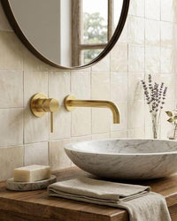Brushed Brass Wall Mounted Faucet, Modern Minimalist Solid Gold Sink Tap