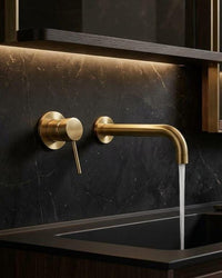 Brushed Brass Wall Mounted Faucet, Modern Minimalist Solid Gold Sink Tap