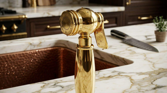 Unlacquered Brass Kitchen Side Sprayer, Farmhouse Sink Hose – detail view
