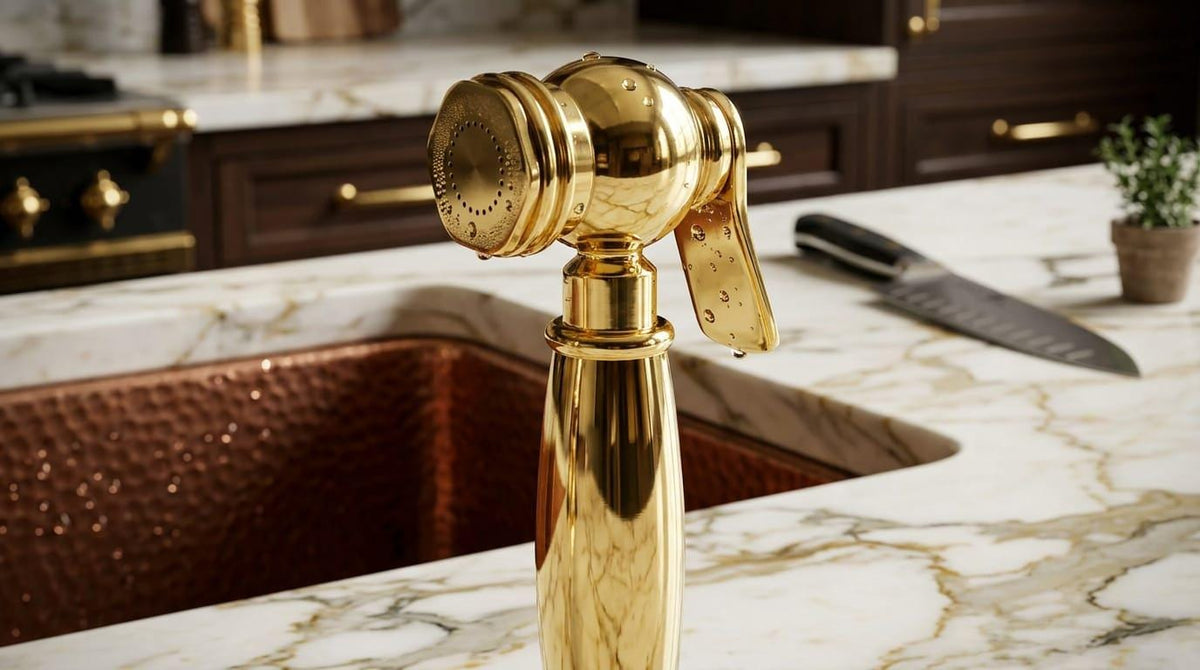 Unlacquered Brass Kitchen Side Sprayer, Farmhouse Sink Hose – detail view
