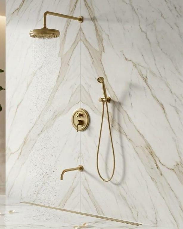 Unlacquered Brass Shower System, Wall Mount Rain Head – close-up of the finish