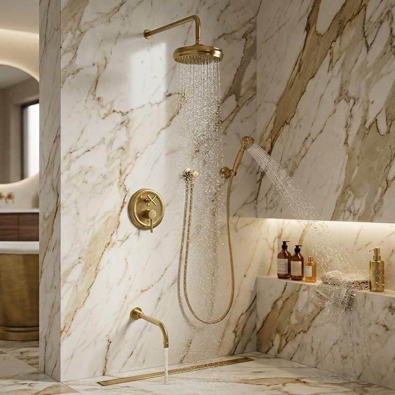 Unlacquered Brass Shower System, Wall Mount Rain Head