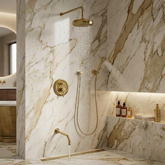 Unlacquered Brass Shower System, Wall Mount Rain Head