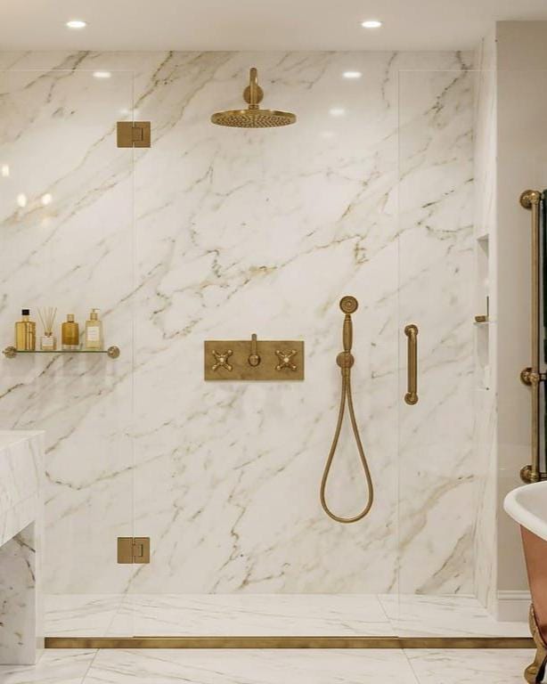 Unlacquered Brass Wall Mounted Shower System – installed view