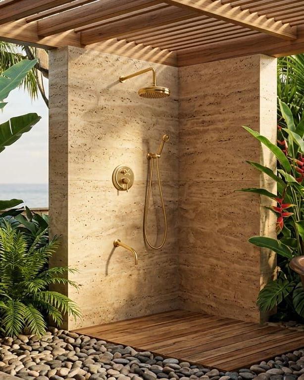 Unlacquered Brass Shower System, Wall Mount Rain Head – installed view