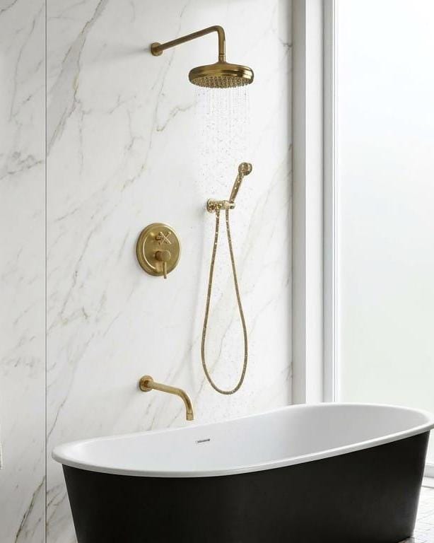 Unlacquered Brass Shower System, Wall Mount Rain Head – alternate angle