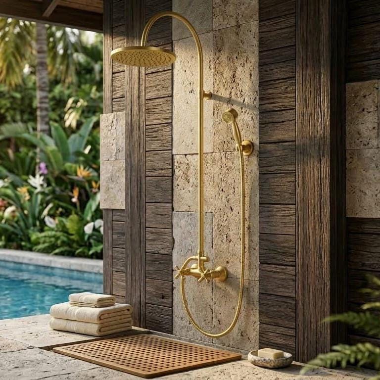 Brass Outdoor Shower System, Wall Mount Rain Handheld – installed view