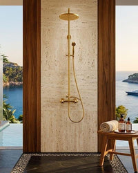Unlacquered Brass Shower System: Wall Mount Rain Shower Set, Living Finish Faucet