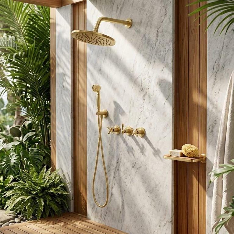 Unlacquered Brass Angle Rainfall Shower System with Handheld Sprayer – close-up of the finish
