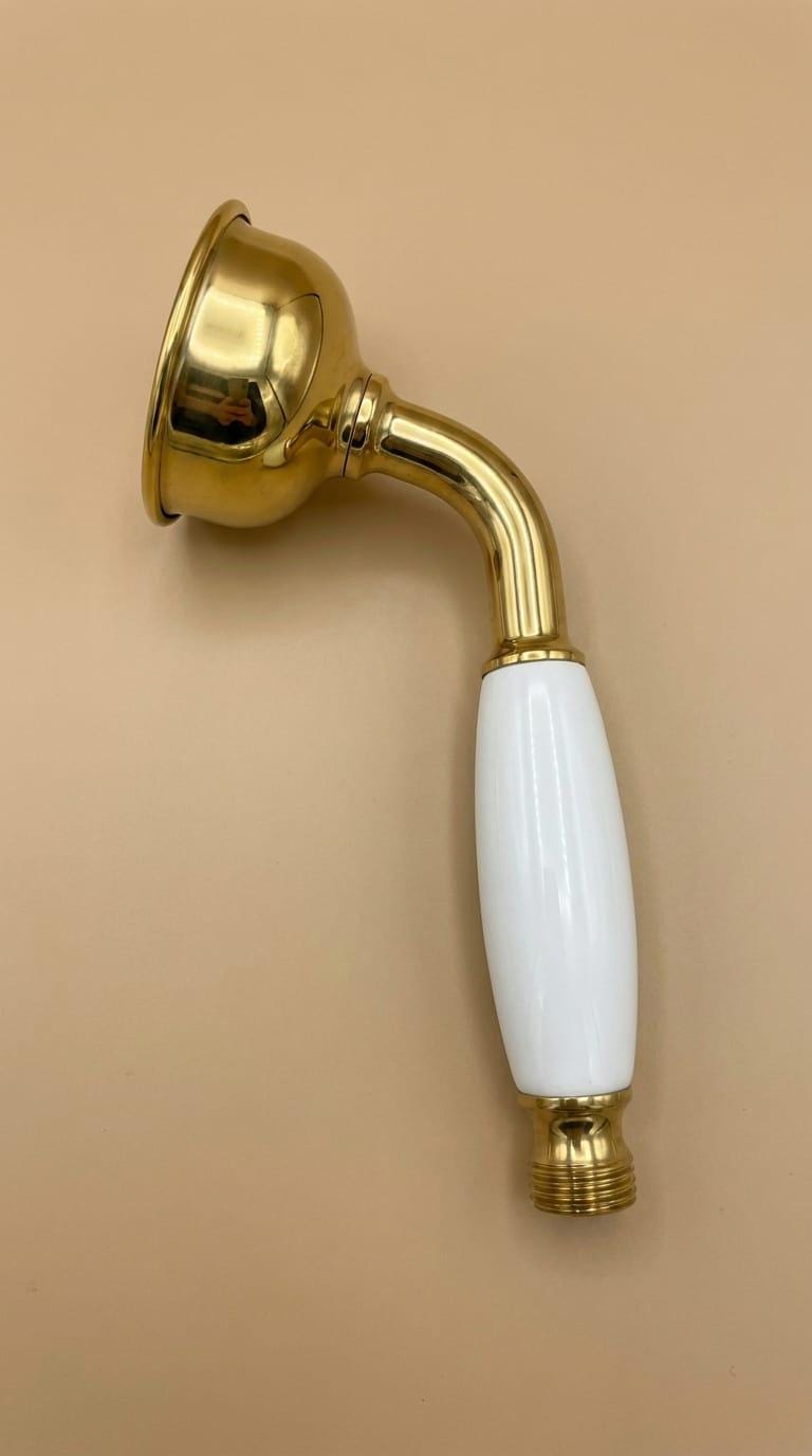 Polished Brass Handheld Shower Head with White Ceramic Handle