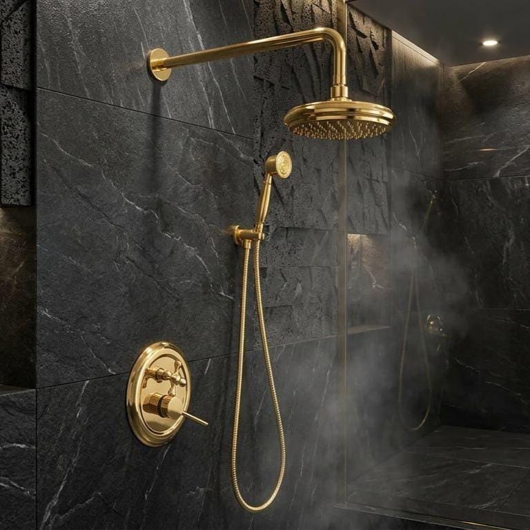 Gold Brass Rainfall Shower System – close-up of the finish
