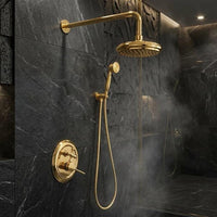 Gold Brass Rainfall Shower System, Wall Mount Handheld Sprayer Faucet Fixture