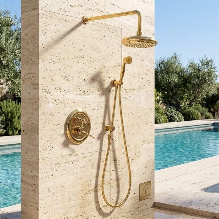 Gold Brass Rainfall Shower System – installed view