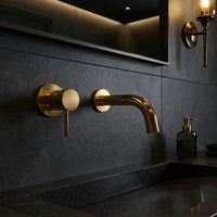 Brushed Brass Wall Mount Faucet, Modern Gold Minimalist Basin Tap, Solid Vanity Fixture