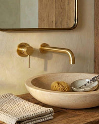 Brushed Brass Wall Mounted Faucet, Modern Minimalist Solid Gold Sink Tap