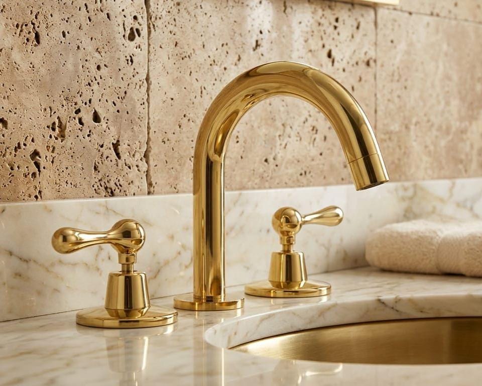 Solid Brass Polished Gold Widespread Bathroom Faucet – installed view