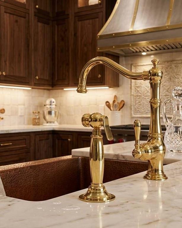 Unlacquered Brass Kitchen Side Sprayer, Farmhouse Sink Hose – installed view