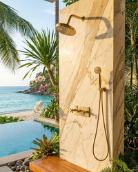 Unlacquered Brass Shower System | Solid Brass Wall Mount Rainfall Fixture, Handheld Set