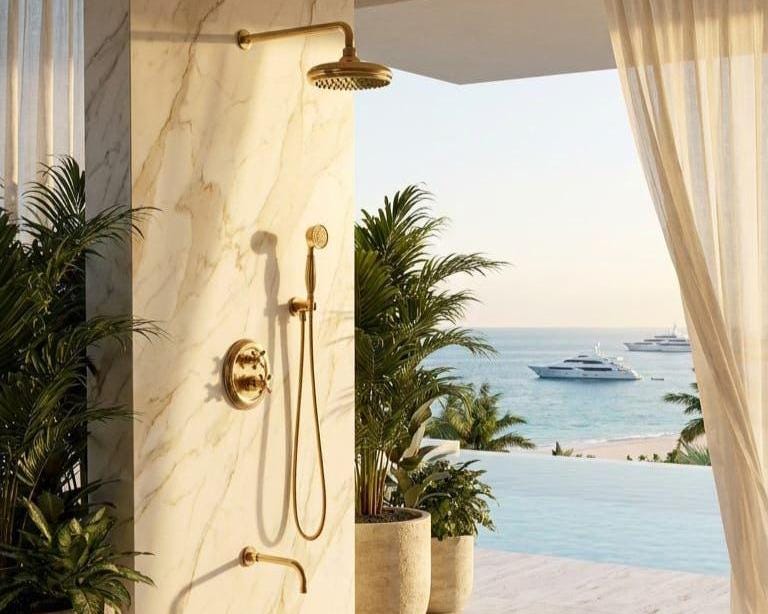 Luxury Brass Shower System, Vintage Gold Rain Faucet – installed view