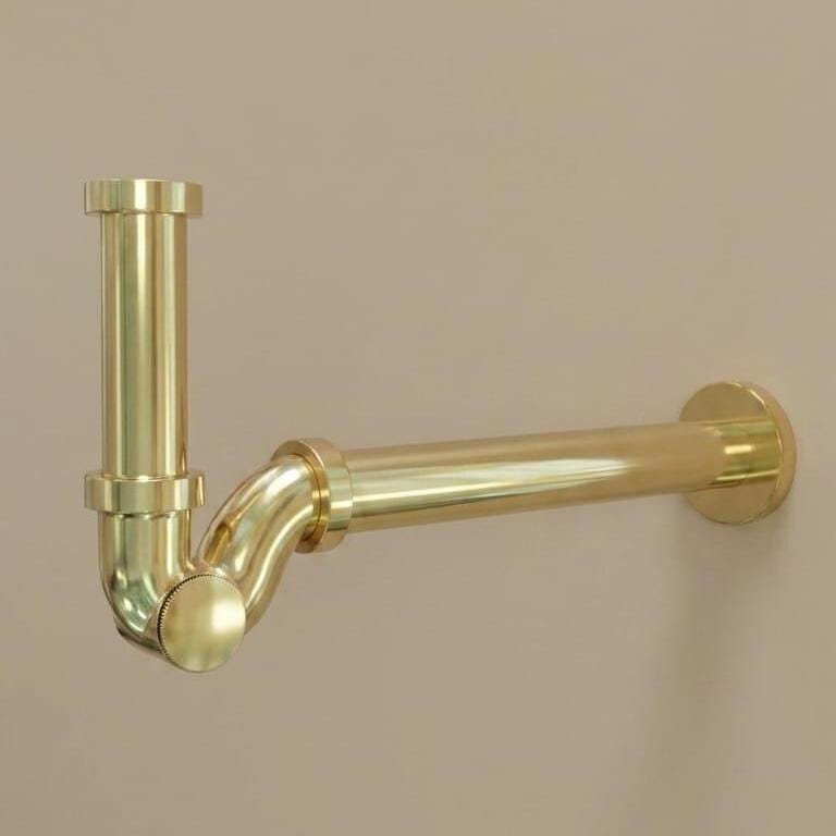Polished Brass P Trap Drain Kit, Decorative Bottle Trap – installed view