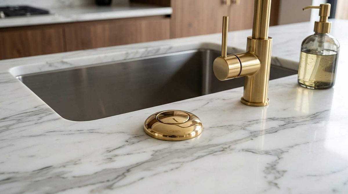 Unlacquered Brass Air Switch Kit, Vintage Gold Sink Button – installed view