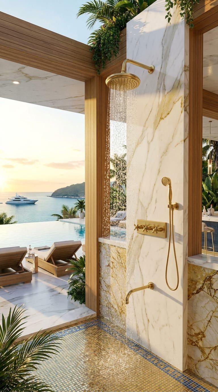 Solid Brass Shower System, Vintage Rainfall Head, Tub Spout – installed view