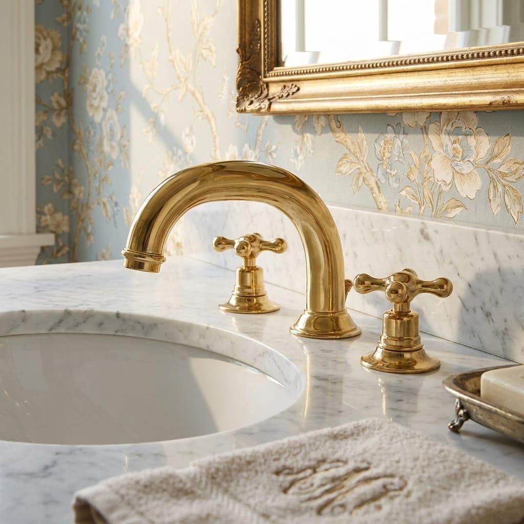 Unlacquered Brass Widespread Bathroom Faucet – installed view