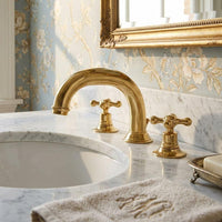 Unlacquered Brass Widespread Bathroom Faucet, Vintage Cross Handle 3-Hole Sink Tap