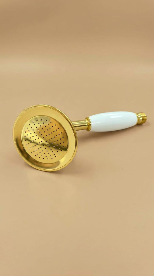 Polished Brass Handheld Shower Head with White Ceramic Handle – detail view