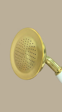 Polished Brass Handheld Shower Head with White Ceramic Handle – Vintage Bathroom Shower Sprayer Replacement