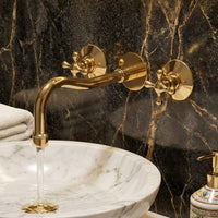 Polished Brass Wall Mount Faucet – Curved Spout Vintage Gold Bathroom Sink Tap