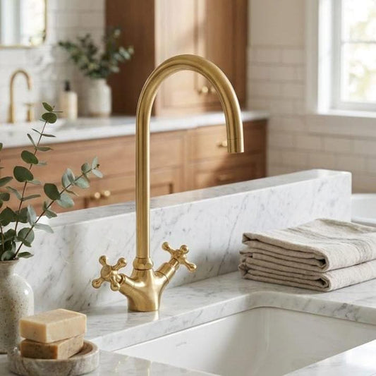 Unlacquered Brass Bridge Kitchen Faucet, Farmhouse Tap – detail view