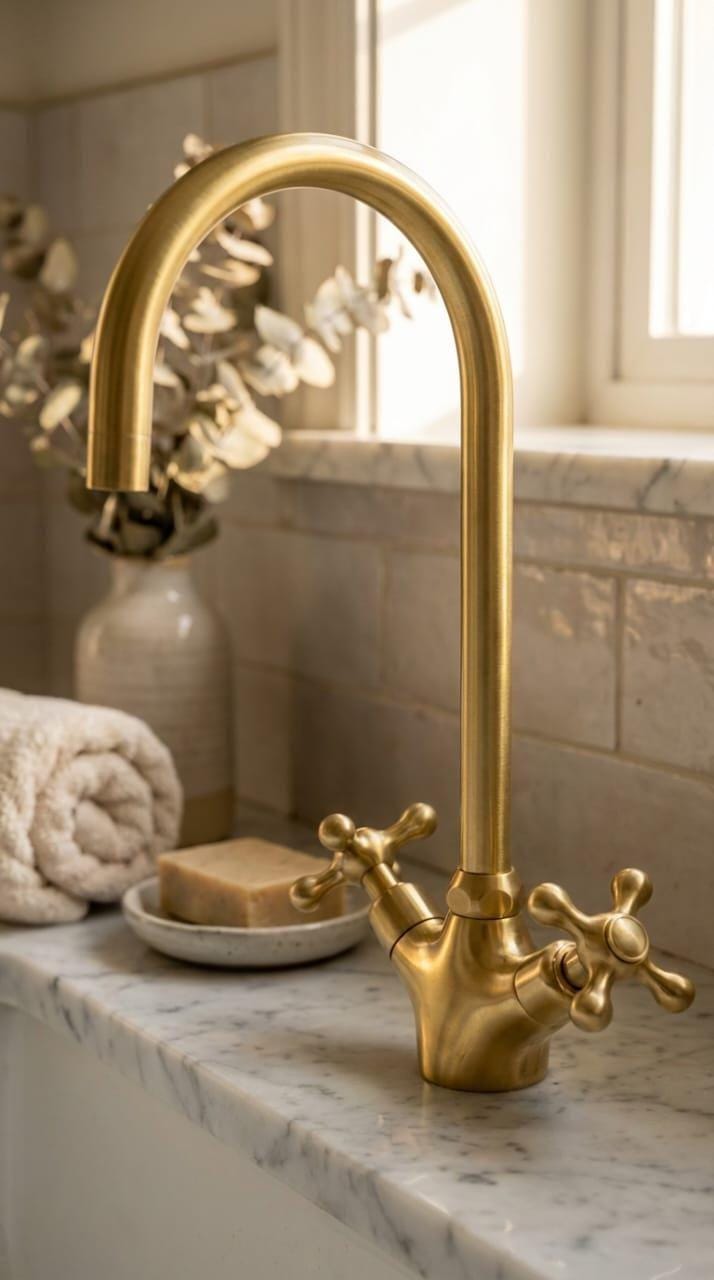Unlacquered Brass Bridge Kitchen Faucet, Farmhouse Tap – close-up of the finish