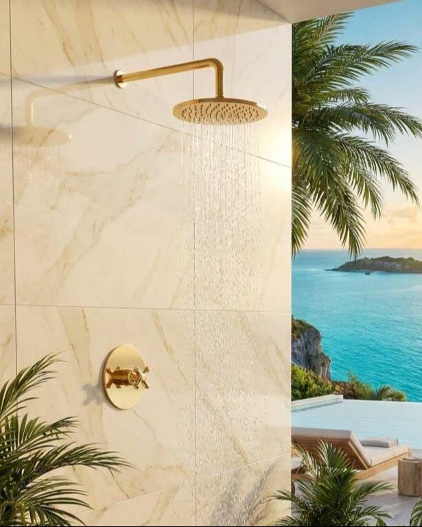 Luxury Brushed Gold Rain Shower System with Cross Handle – close-up of the finish