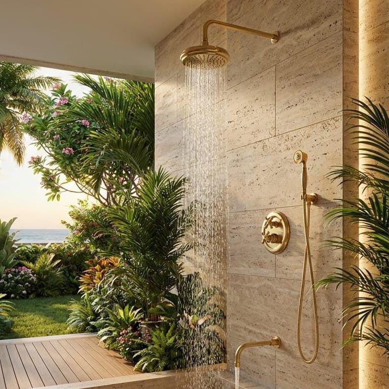 Luxury Brass Shower System, Vintage Gold Rain Faucet – close-up of the finish