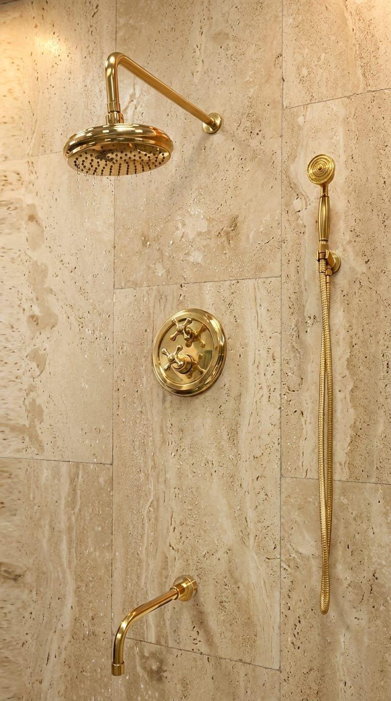 Luxury Brass Shower System, Vintage Gold Rain Faucet – alternate angle
