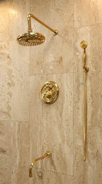Luxury Brass Shower System, Vintage Gold Rain Faucet, Wall Mount Bathroom Fixture