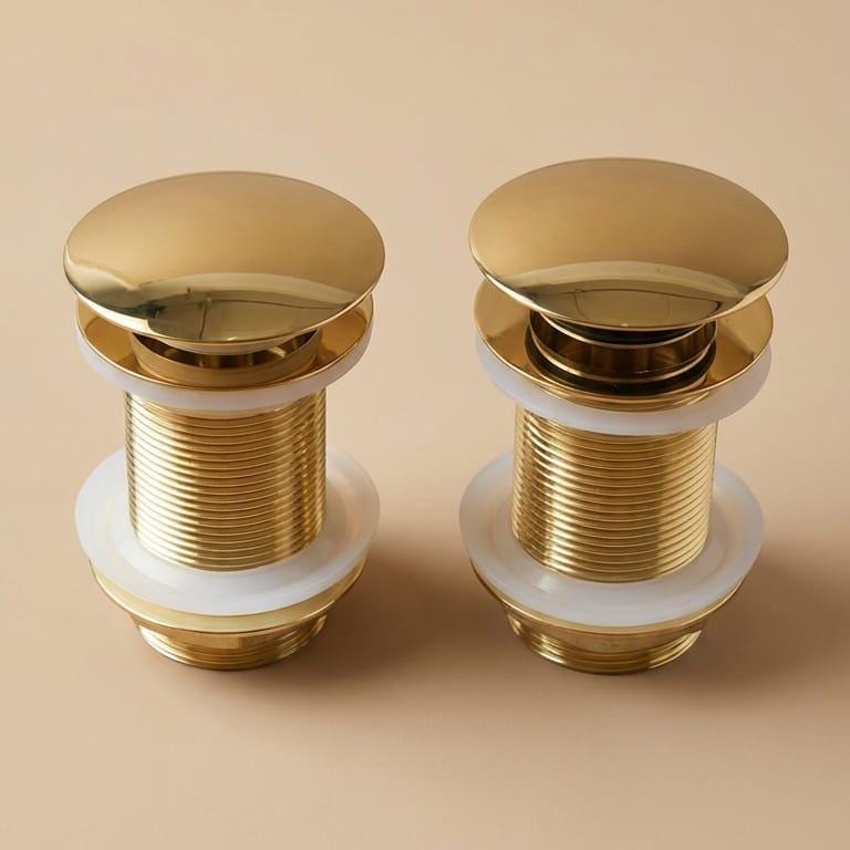 Unlacquered Brass Drain, Solid Pop Up Stopper – close-up of the finish