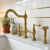 Bridge Kitchen Faucet with Sprayer, Vintage Brass Sink Fixture, Deck Mount Kitchen Tap