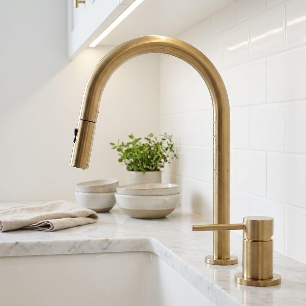 Pull Down Brass Kitchen Faucet, Unlacquered Bridge Faucet – installed view